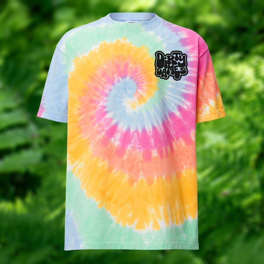 Dirty Dames pastel sherbet tie-dye t-shirt with the embroidered Dirty Dames graffiti logo on the chest