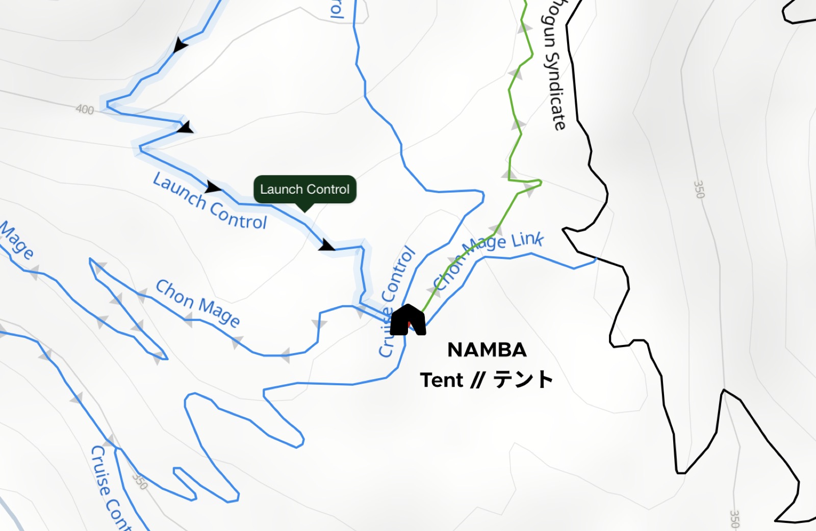 ツインピークスのローンチコントロール下部のハブにあるNAMBAイベントテントの場所を示すトレイルマップ