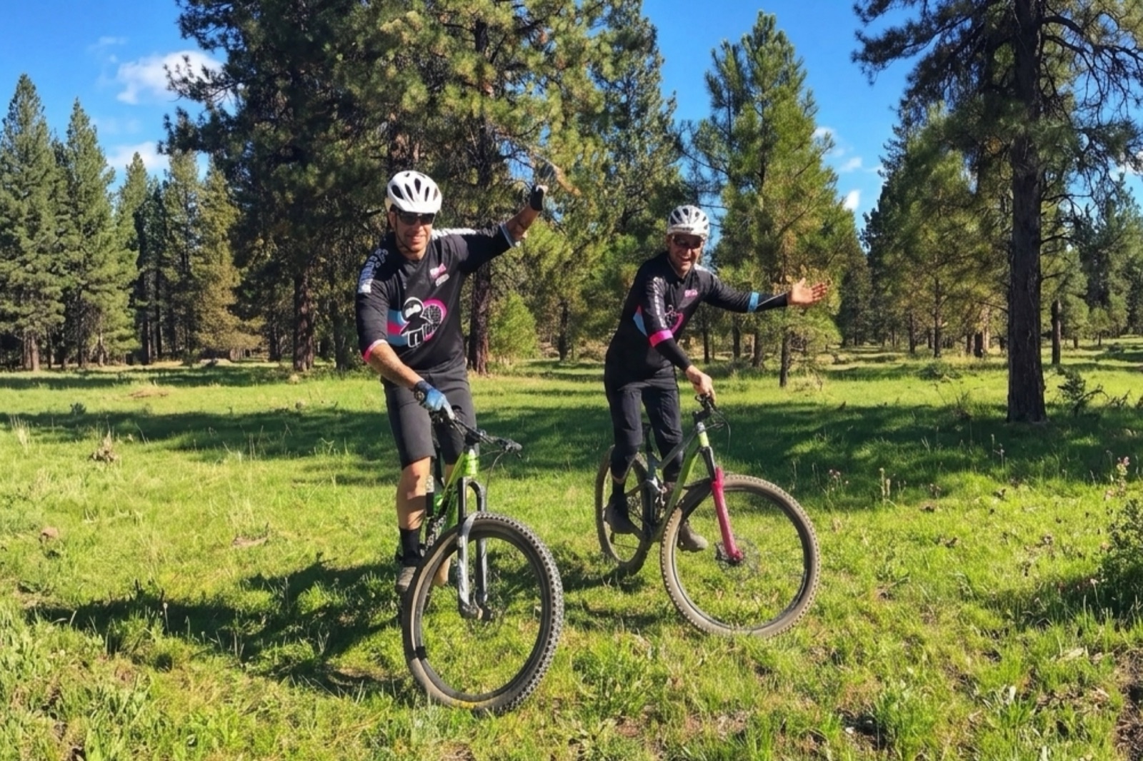 Two riders holding a track stand on their bikes in a grassy clearing, feet off the ground
