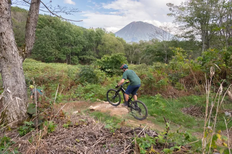 Rider on a Niseko trail with Mount Yotei rising behind in a summer landscape