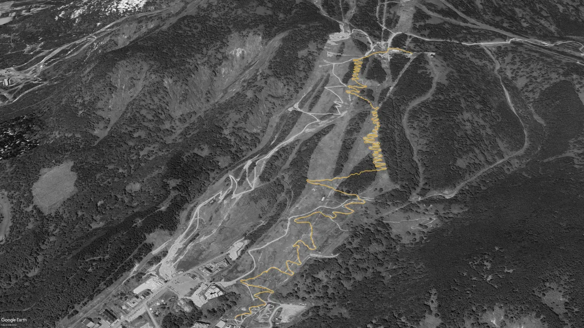 Aerial view of Grand Hirafu in 2023 with Tokyu's new top-to-bottom flow trail traced in gold, built but not yet open to the public
