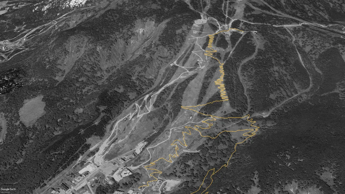 Aerial view of Grand Hirafu in 2025 showing NAMBA's Kaikan Rebuild, the lower trail reworked into a friendlier beginner ride