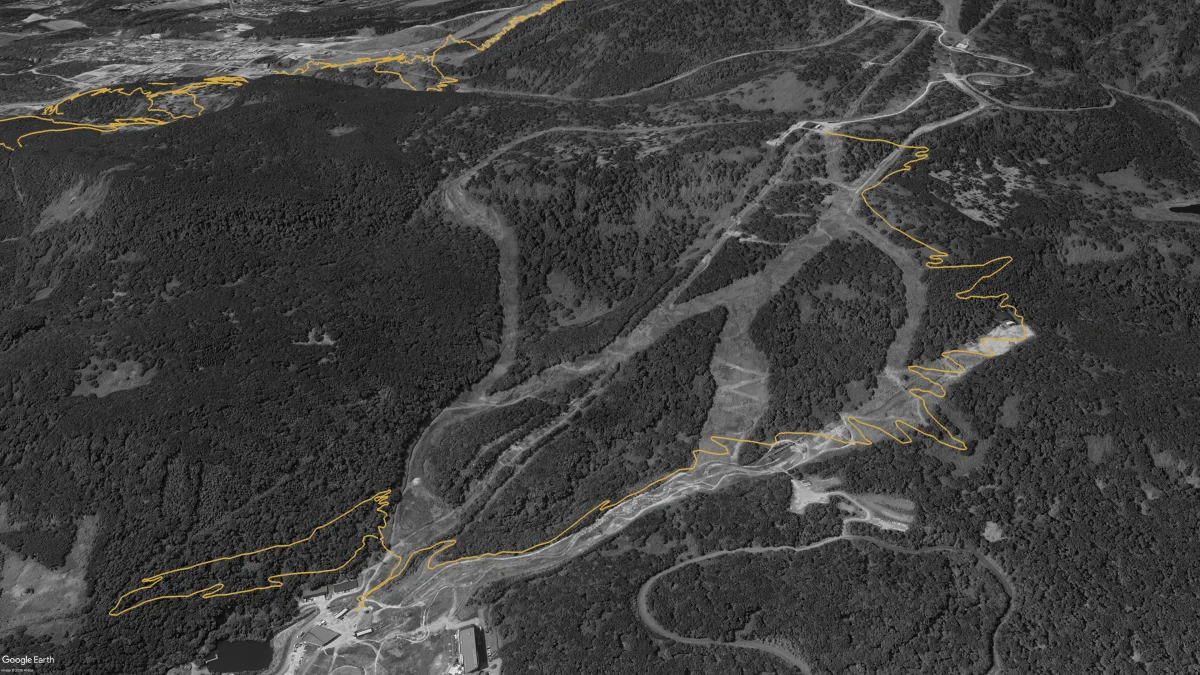Aerial view of Hanazono in 2026 showing Phase 1 of the bike park: the lift-served flow trail, forest loop, and a short link trail opening as 5.8km of new NAMBA-built trail
