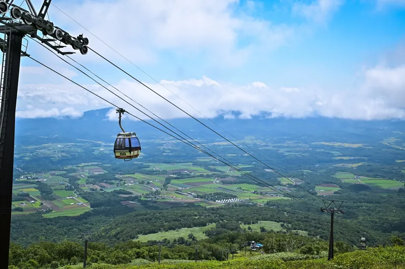An Annupuri gondola cabin passes overhead with the patchwork farmland of the Niseko valley spread out below