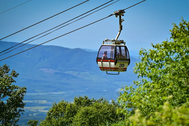 An Annupuri gondola cabin glides above the trees with the Niseko valley and distant peaks beyond